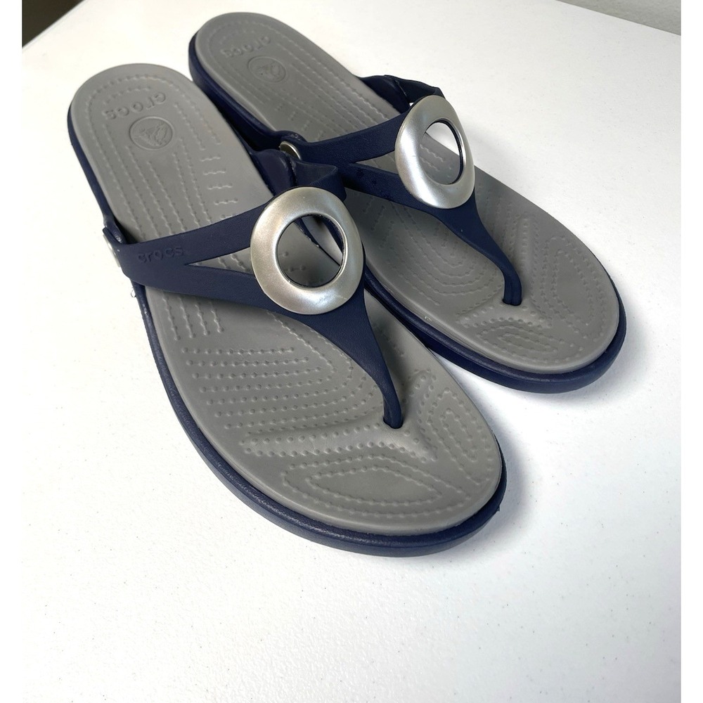 Crocs Sandals Women's 11 Sanrah Beveled Circle Navy Blue Flip flop Shoes Slip on